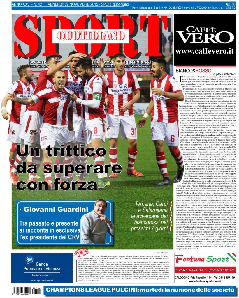 Prima pagina Sport Quotidiano 27 novembre 2015 vicenza